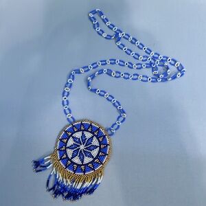 Handmade Alaska Native Beaded medallion Necklace blue white gold 15” length